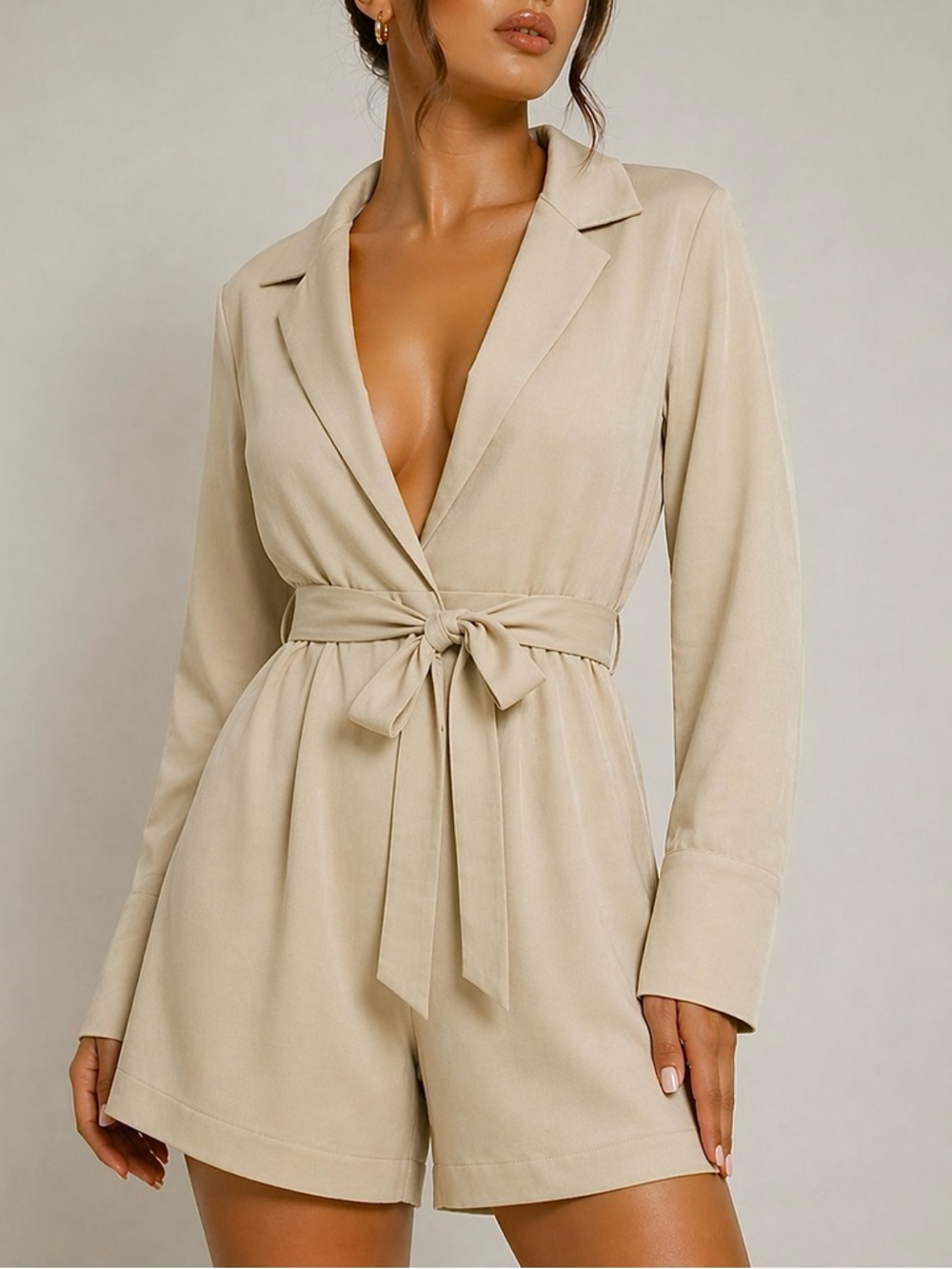 NEW Size 12 boohoo Tall Blazer Stone Khaki V-neck Long Sleeve Playsuit Romper